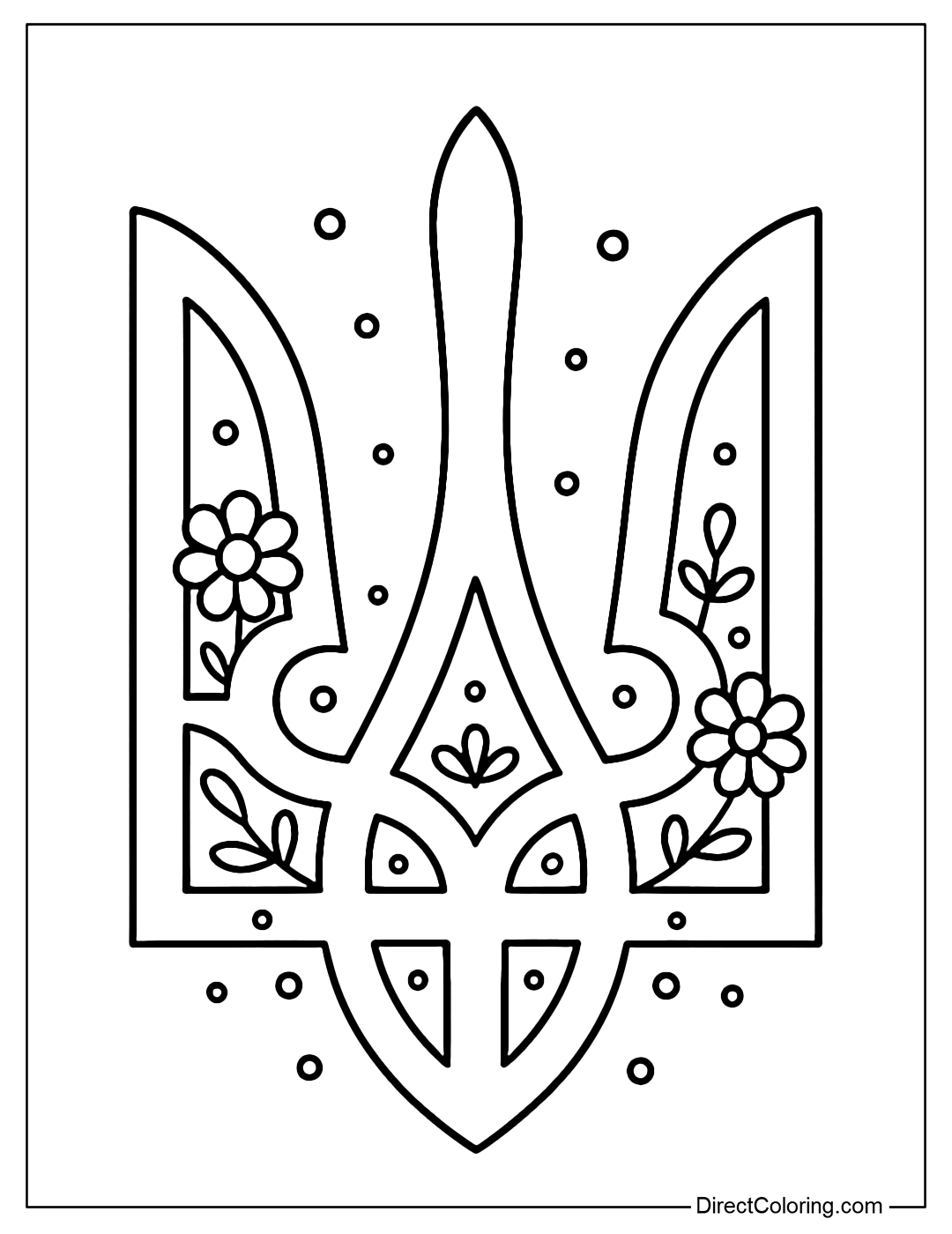 Tryzub symbol coloring page in simple form, with child-friendly decorations.